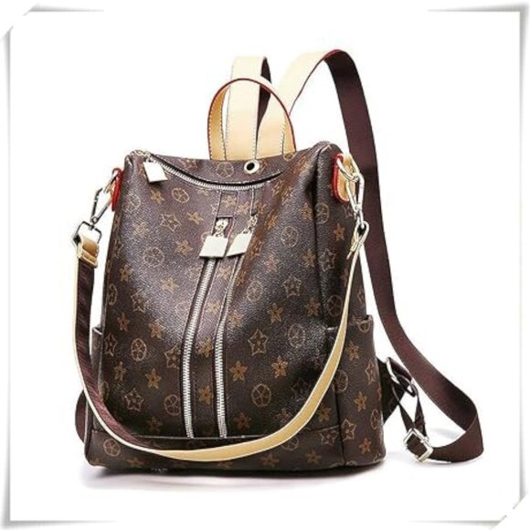 Amazon Handbags - Anti-theft Dark Chocolate Brown Beige Backpack Shoulder Bag Travel Bag EUC